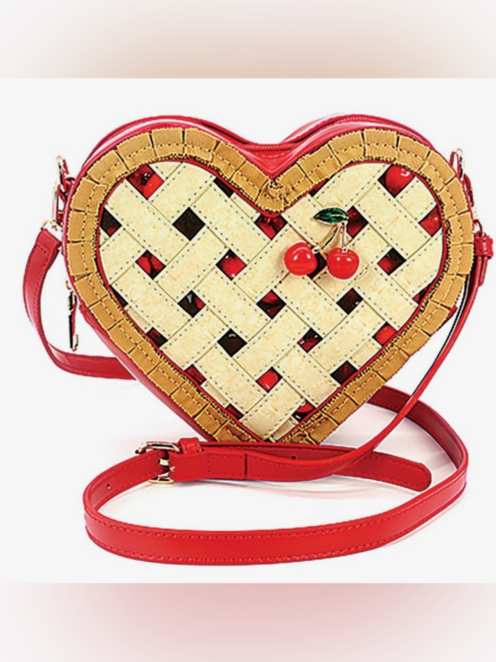 Red Heart-Shaped Crossbody Bag with Cherry Accent